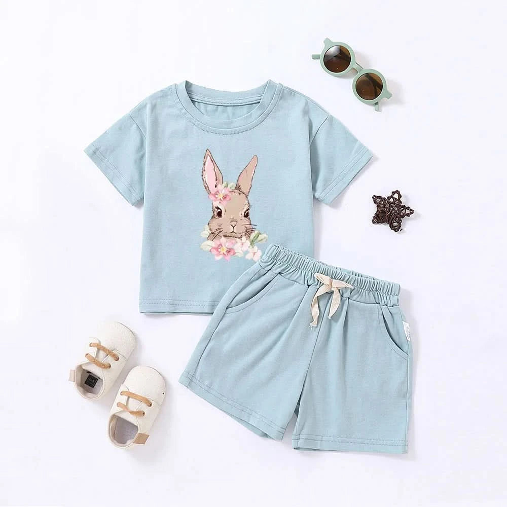 Hot Selling Children's Printed Summer Set Cute Rabbit Baby Boy And Girl Summer Clothing Children's Pure Cotton T-shirt Set - M & M Global