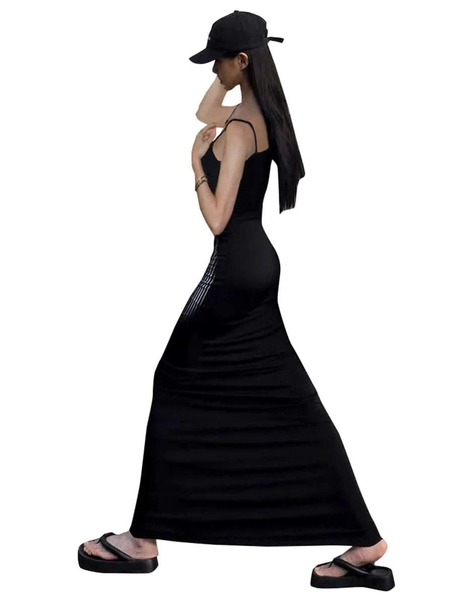 CUTENOVA Elegant Spaghetti Straps Print Long Dress Solid Color Sleeveless Square Neck Wrap Party Dress Summer Backless Cami - M & M Global