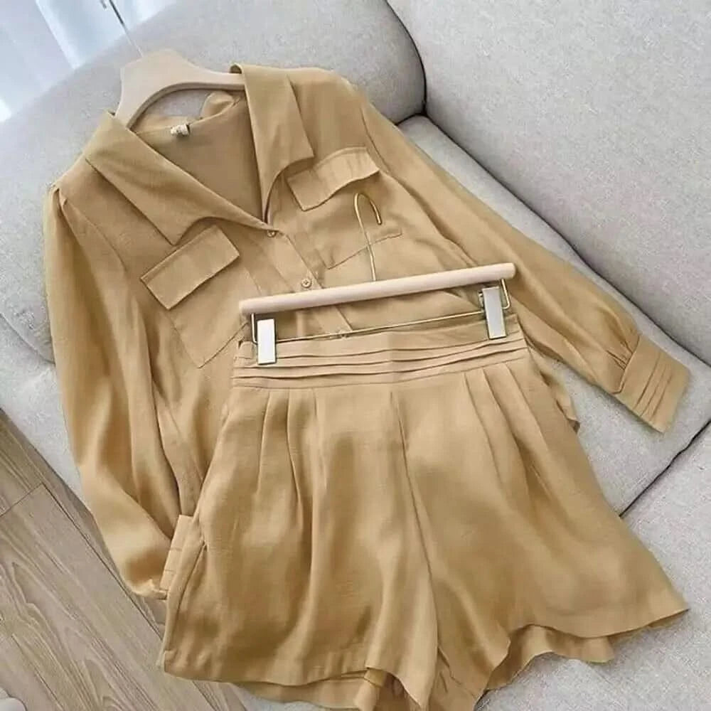 Thin Short Sets Shirts Two Piece Sets Loose Long Sleeve Casual Office Clothing Solid Color 2 Piece Summer Set Women Elegant - M & M Global