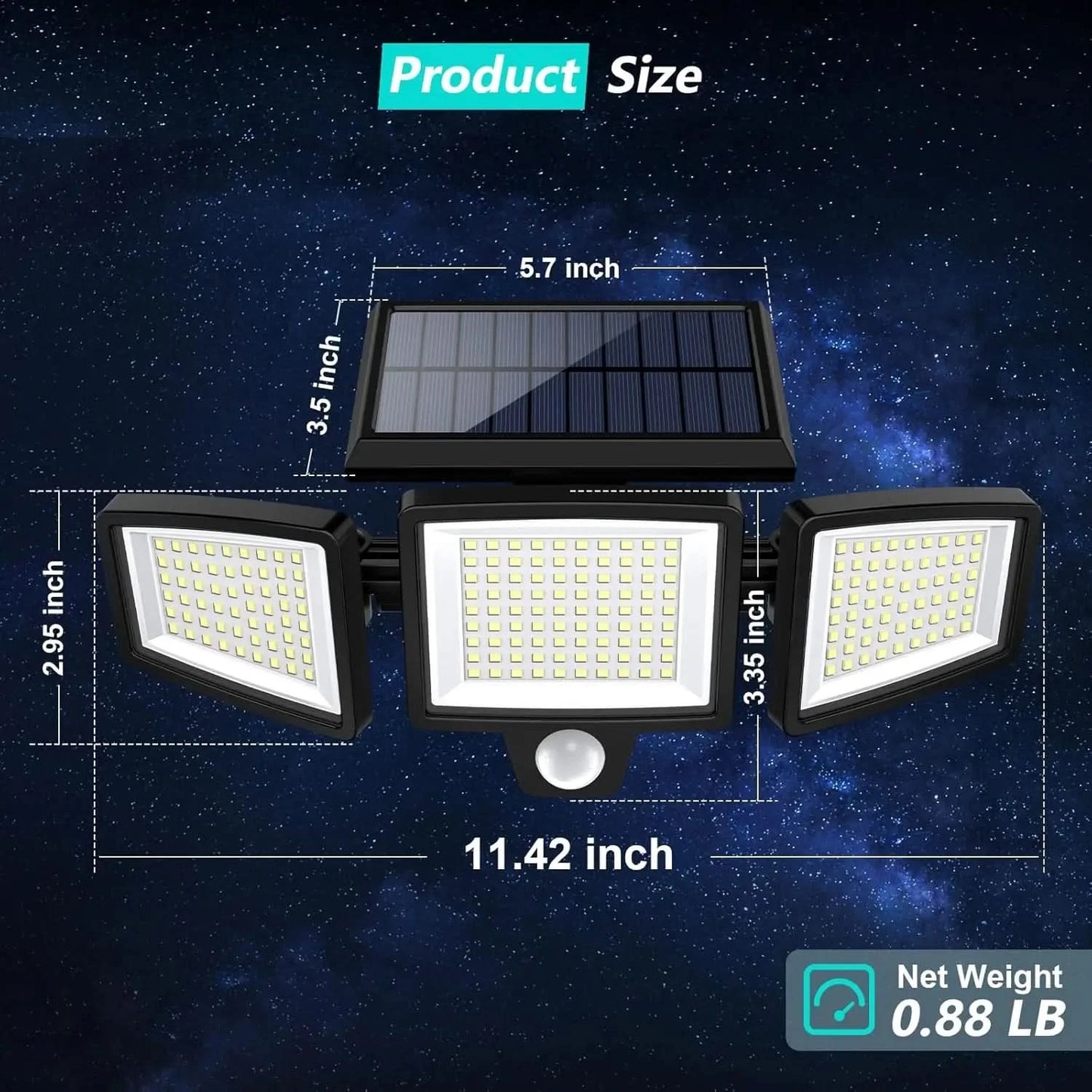 IP65Waterproof Triple Head Outdoor Solar Light, 210LED 2500LM Motion Sensor Safety Light for Porch, Garage, Yard Entrance, Patio - M & M Global