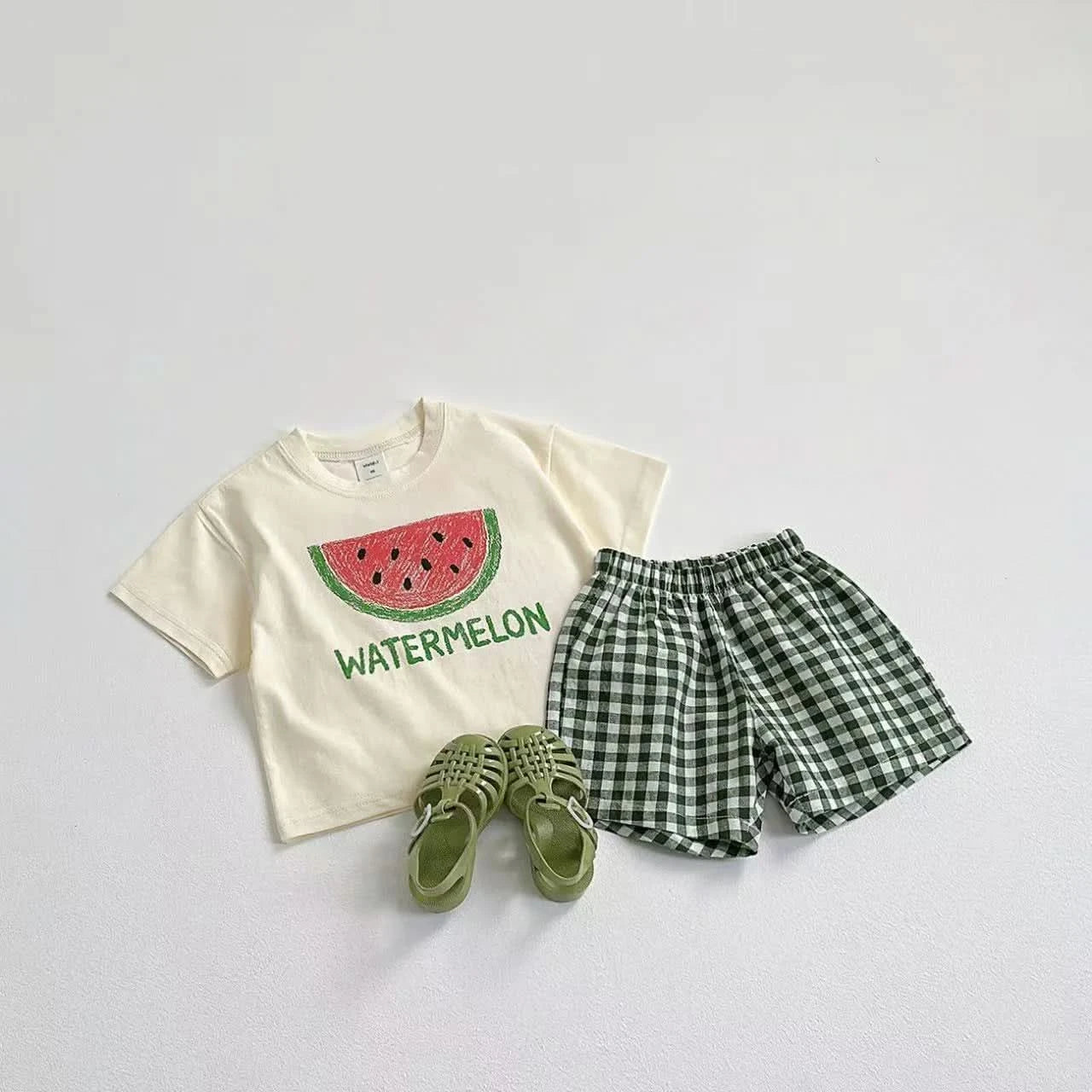 Fruit Tshirt Plaid Shorts 2Piece Set Boys And Girls Cute Tees Loose Shorts Kids New Simple Round Neck Tops+Shorts Kids Suit - M & M Global