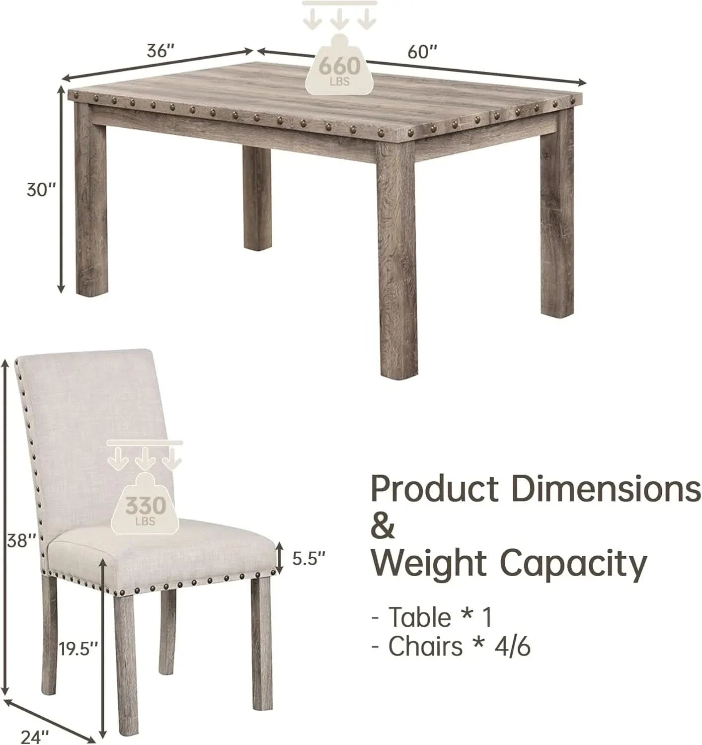 Rustic Dining Table, Farmhouse Kitchen Dining Chairs , Charming 60" Rectangular Wooden Table& Upholstered
