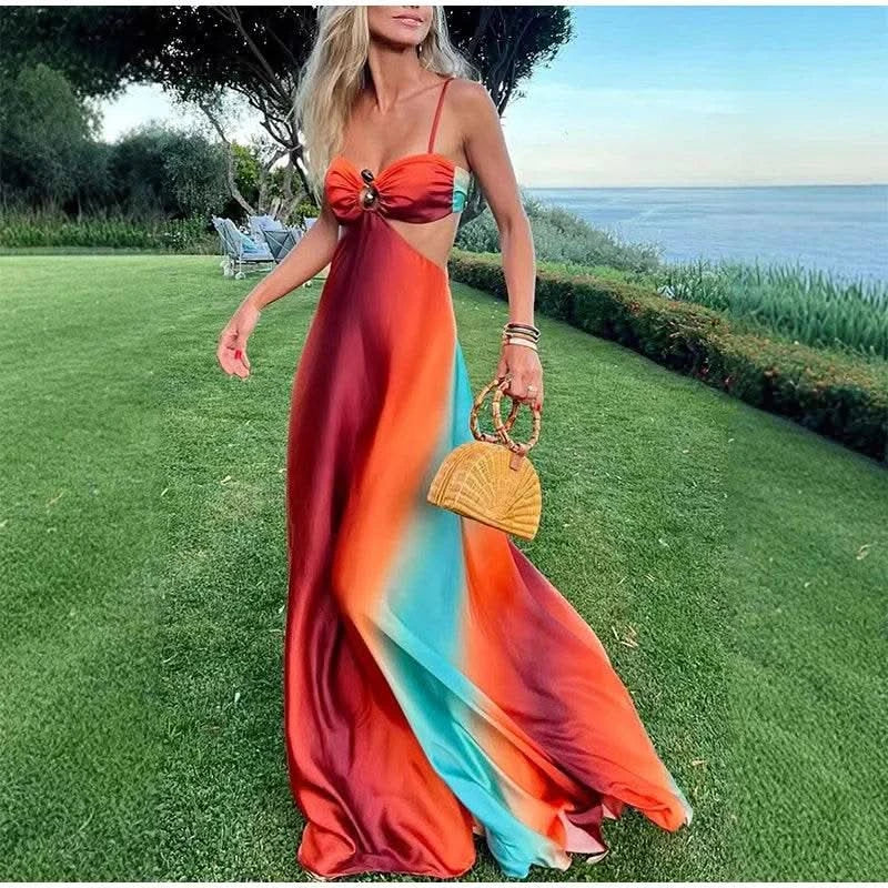 Bohemia Gradient Printed Sling Beach Maxi Dress Women Spaghetti Strap Sleeveless Backless Long Dress Female Hollow Out Chic Robe - M & M Global