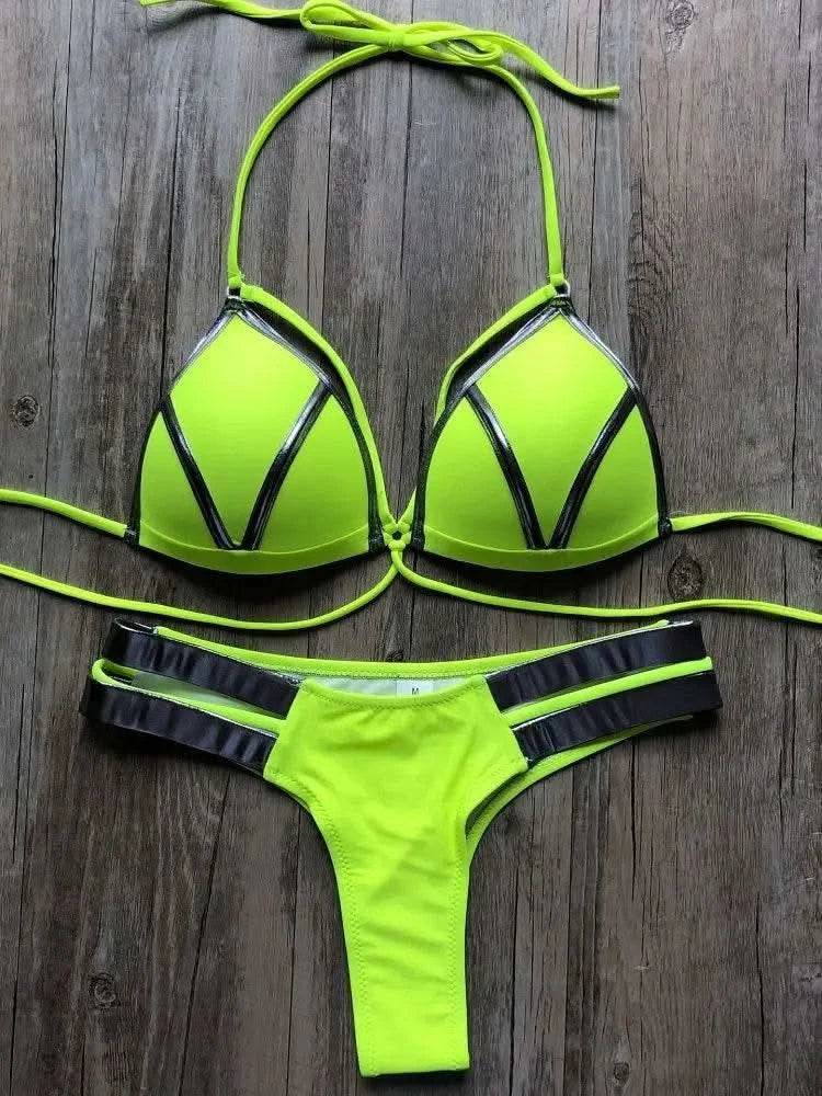 Contrast Trim Wrap Lace Up Bikini Sets Swimsuit For Women High Waist Two Pieces Swimwear 2022 Beach Bathing Suits - M & M Global
