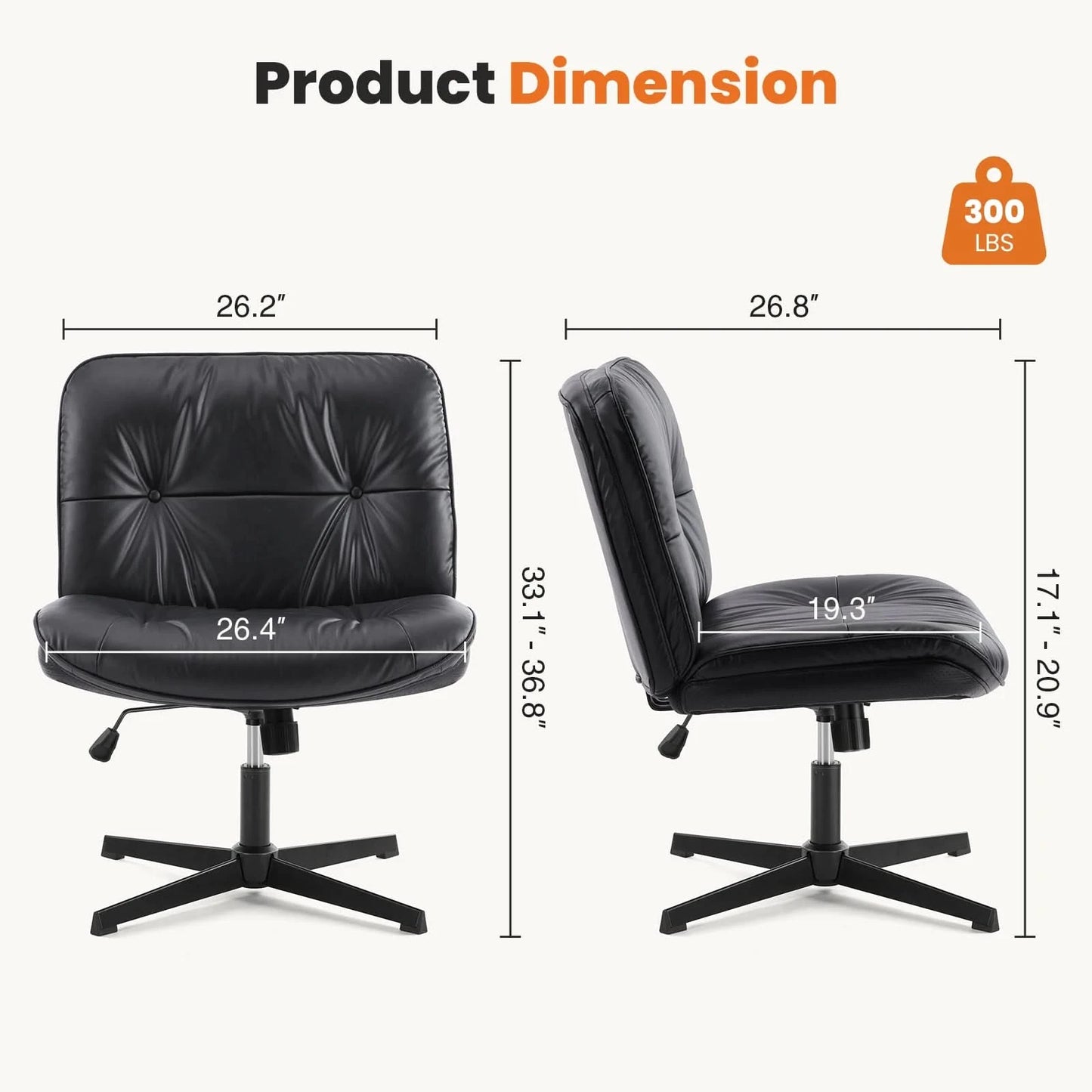 JHK PU Leather Cross Legged Office Chair Armless Desk Chair with Dual-Purpose Base Adjustable Swivel Fabric Task Vanity Home
