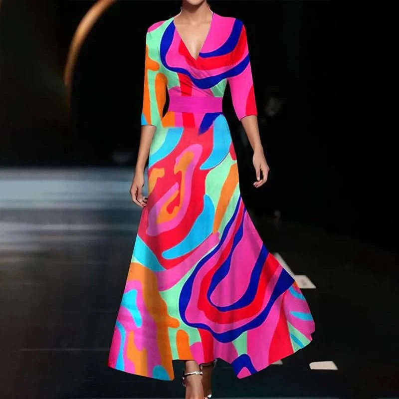 Elegant Women Long Dress Women V Neck 3/4 Sleeve A-Line Party Dresses For Women Fashion Flower Printed Vestidos Robe - M & M Global