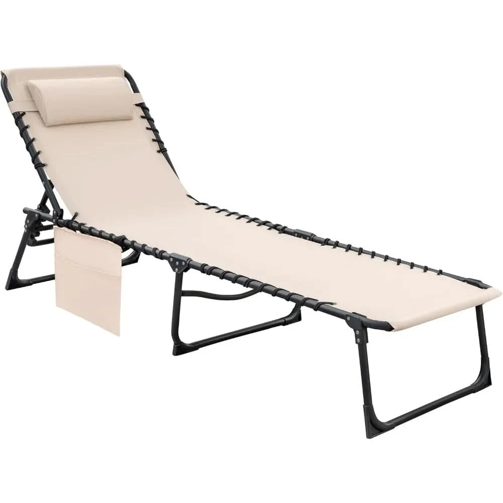 Foldable Chaise Lounge Chair 5-Position Adjustable, Tanning Chair with Side Pocket, Outdoor Sunbathing for Pool, Beach, Patio,