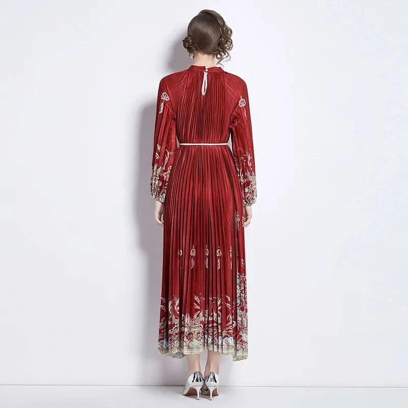 Spring Holiday Print Long Dress For Women Fashion Loose Lantern Sleeve Party Robe Female Big Swing Tassels Belt Pleated Clothes - M & M Global