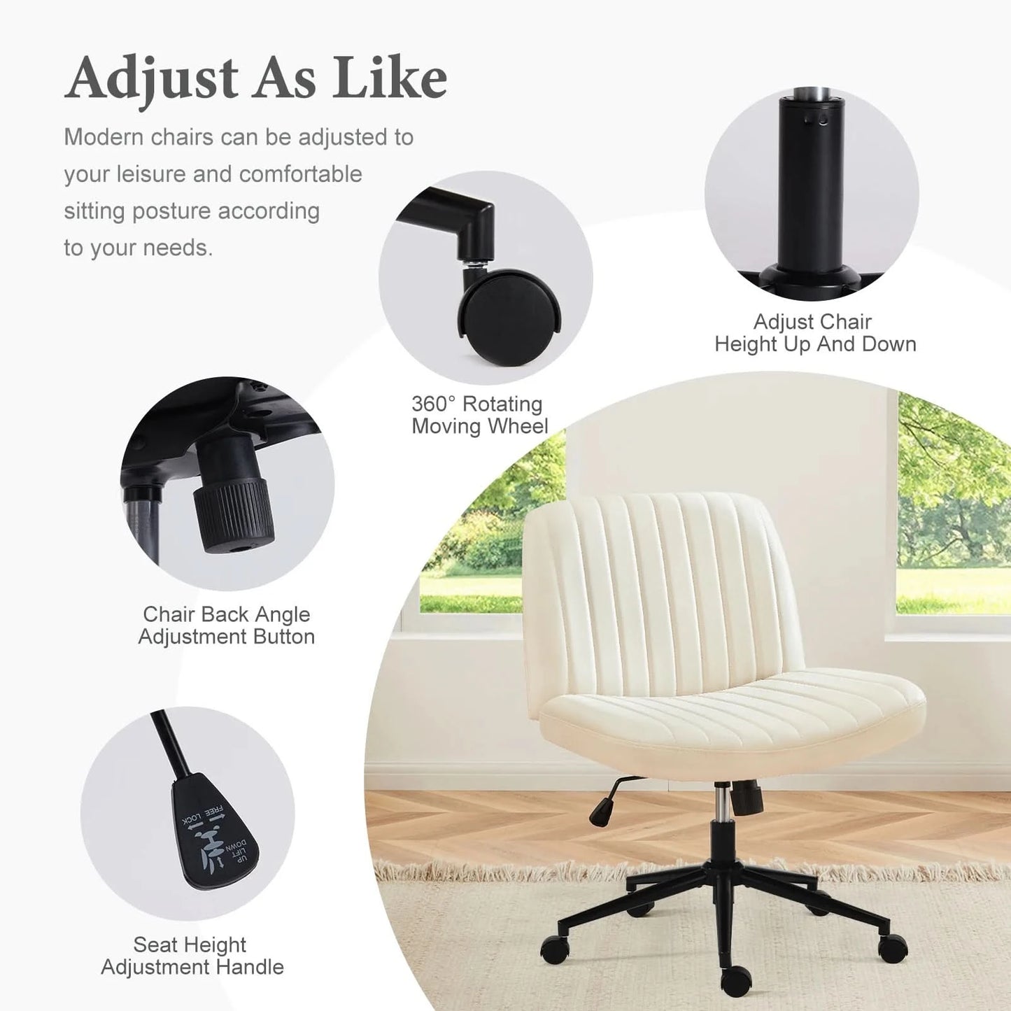 JHK Armless Cross Office Chairs with Wheels PU Leather Swivel Living Room Desk Chair Height Adjustable Support Seat Furniture
