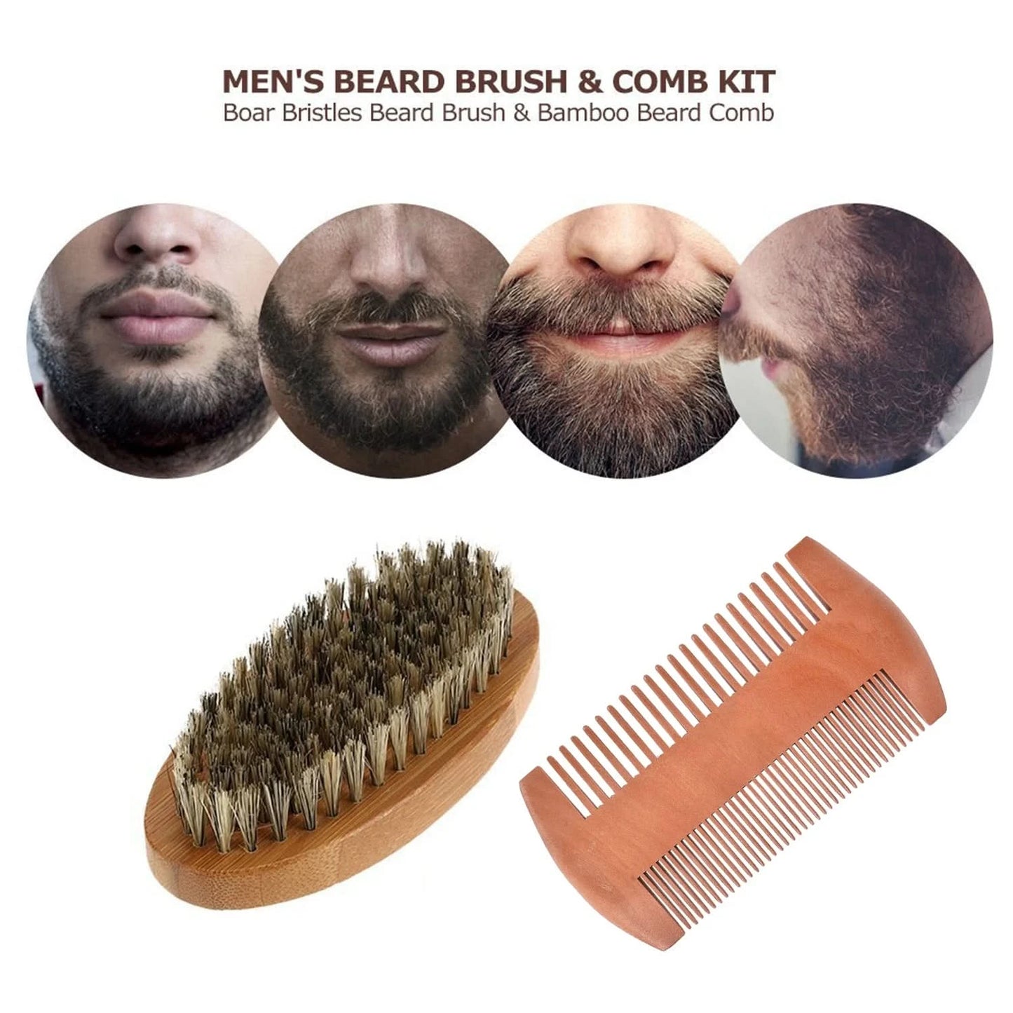 Men Shaving Bamboo Brush Comb Set Boar Bristle Portable Barber Beard Brush Comb Scissors for Facial Cleaning Styling Tool - M & M Global