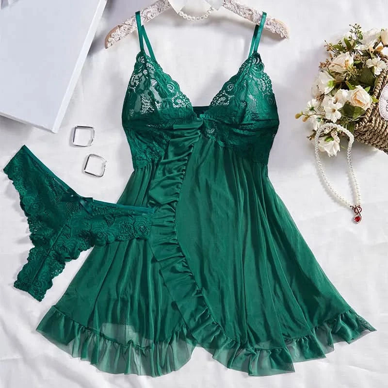 Tulle Suspenders Exquisite Women's Lencerias Lace V-Neck Underwear Semi-transparent Thong Dress Set Females Lingerie Nightgowns - M & M Global