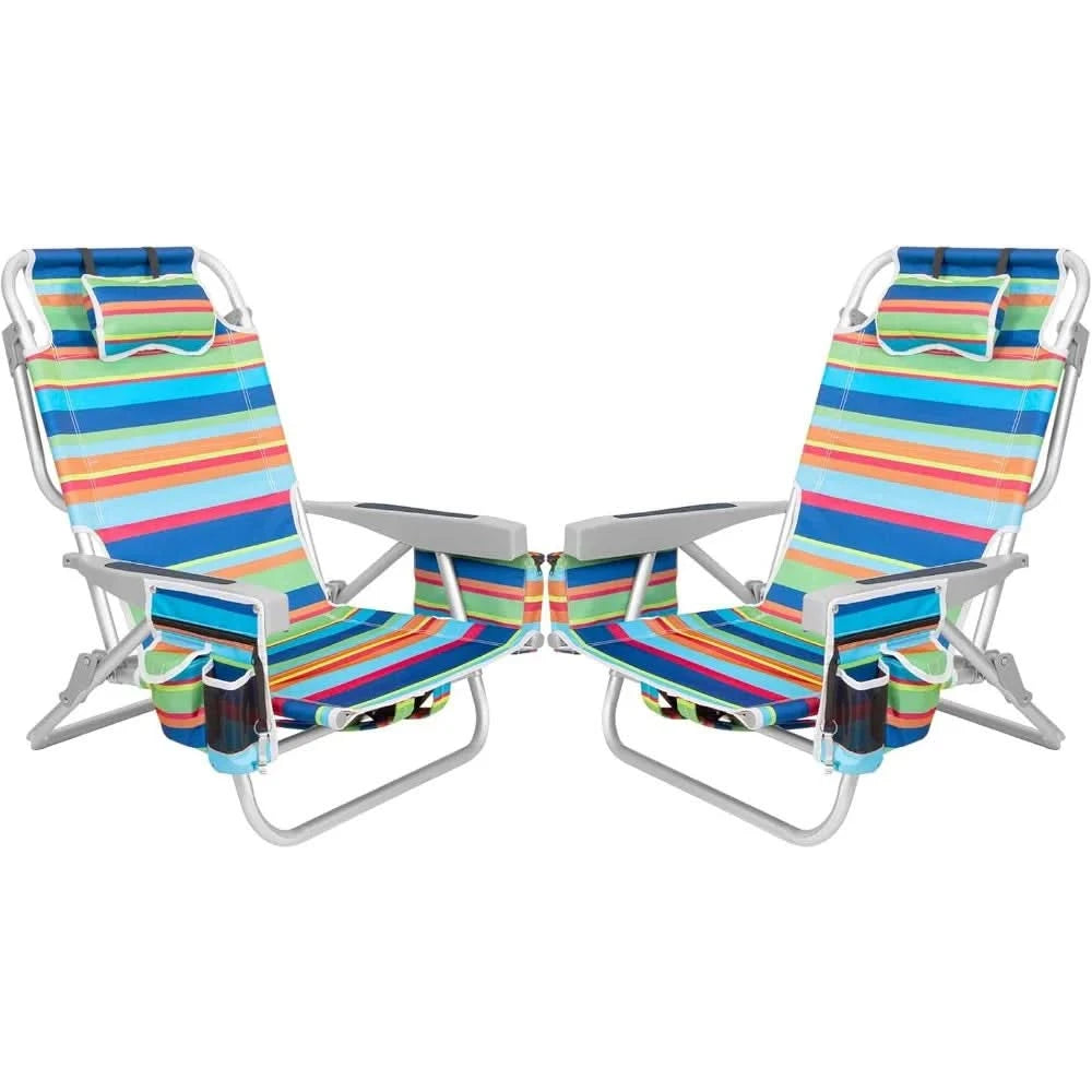Beach Chairs 5 Position, 2 Pack Portable Folding Backpack Beach Chair Heavy Duty with Cooler Bag, Cup Holder for Outdoor Lawn P