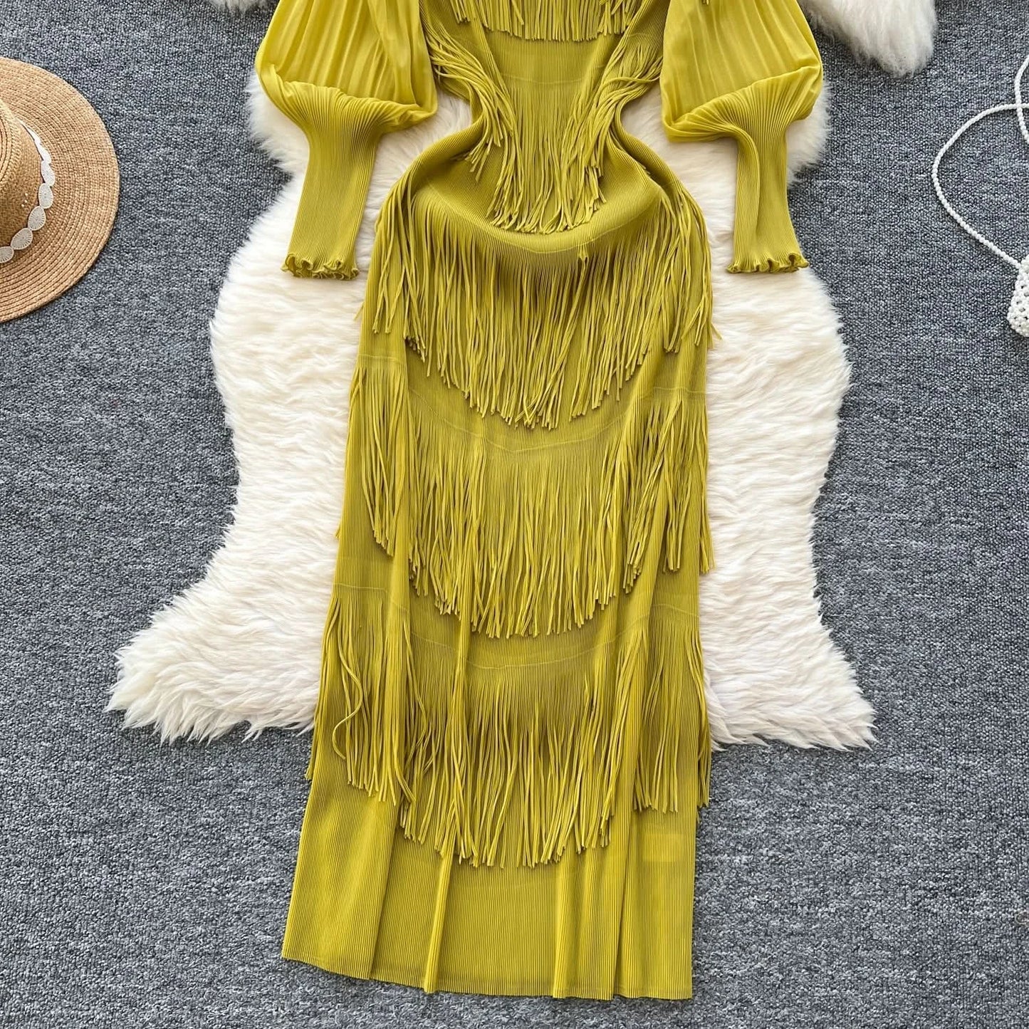 Vintage O-Neck Elegant Long Lantern Sleeve Chic Tassel Slim Long Dress French Fashion Evening High Street Autumn Winter Clothing - M & M Global