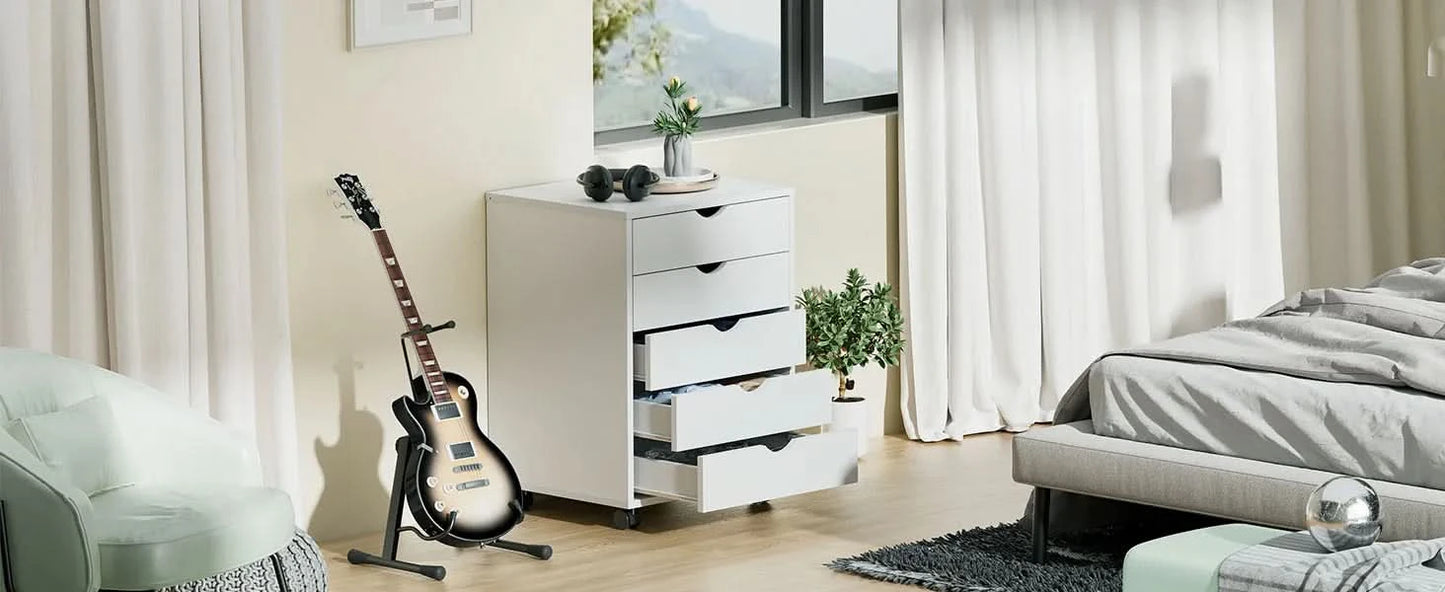 JHK Wood Nightstand Cabinet 5 Drawers Waterproof Surface Storage Organizer File Office Easy To Move Bedside Table Rotating Wheel