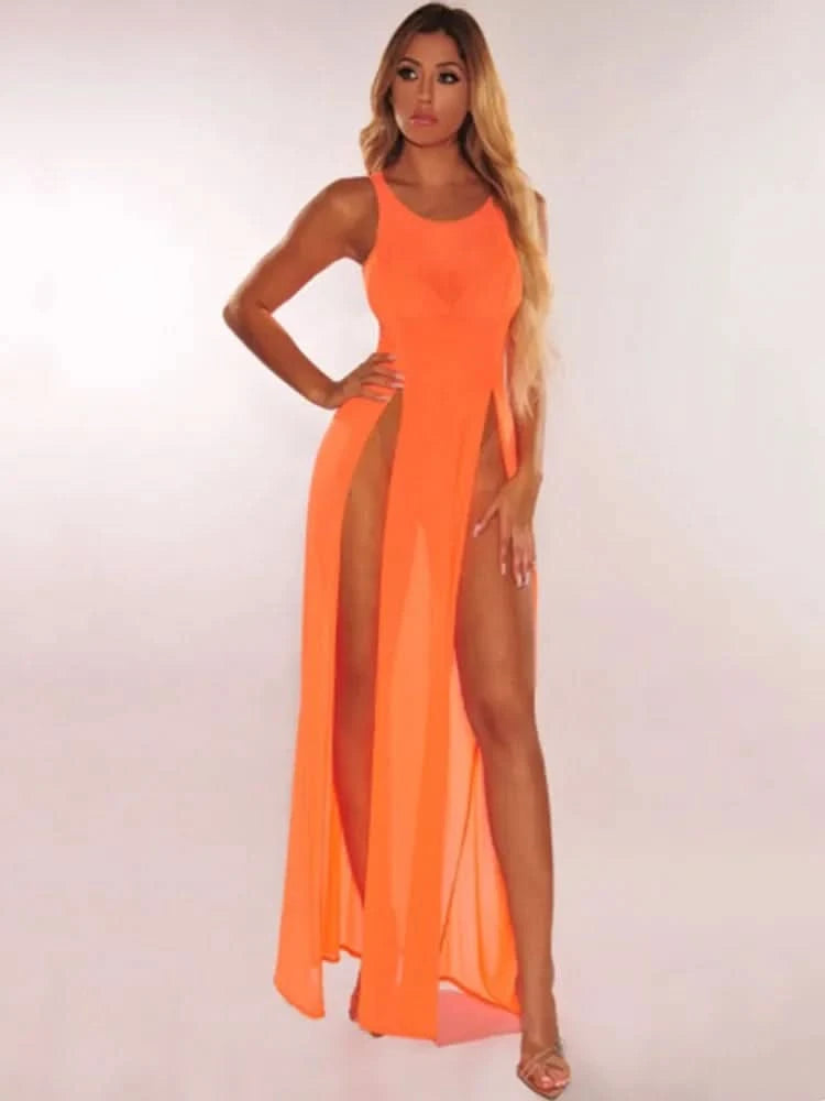 Women Bikini Cover Ups Mesh Sheer See Through Sexy Beach Dress Sleeveless High Slit Long Dress Swimsuit Sarong - M & M Global