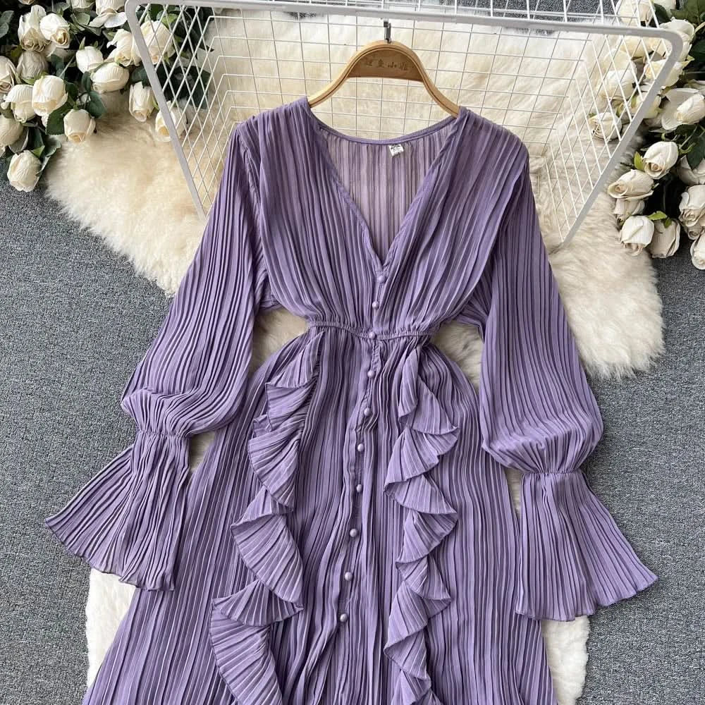 Purple/Brown/Red Chiffon Pleated Long Dress Women Vintage V-Neck Flare Sleeve Draped Ruffle Vestido Female Maxi Robe Spring Fall - M & M Global