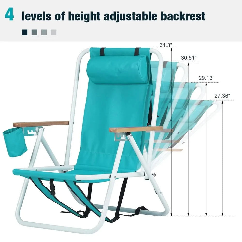 2 Pcs Folding Beach Chair, 4 Position Portable Backpack Camping Chair,Cup Holder