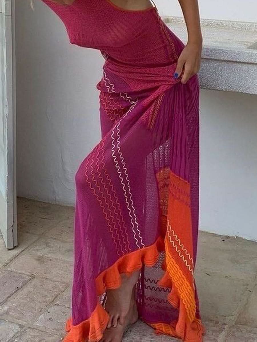 Women Sexy Y2k One Shoulder Long Sleeve Crochet Knit Long Dress Summer Beach See Through Party Grunge Club Cover Up Outfits - M & M Global