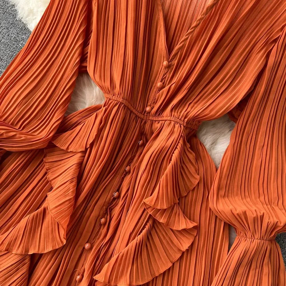 Purple/Brown/Red Chiffon Pleated Long Dress Women Vintage V-Neck Flare Sleeve Draped Ruffle Vestido Female Maxi Robe Spring Fall - M & M Global