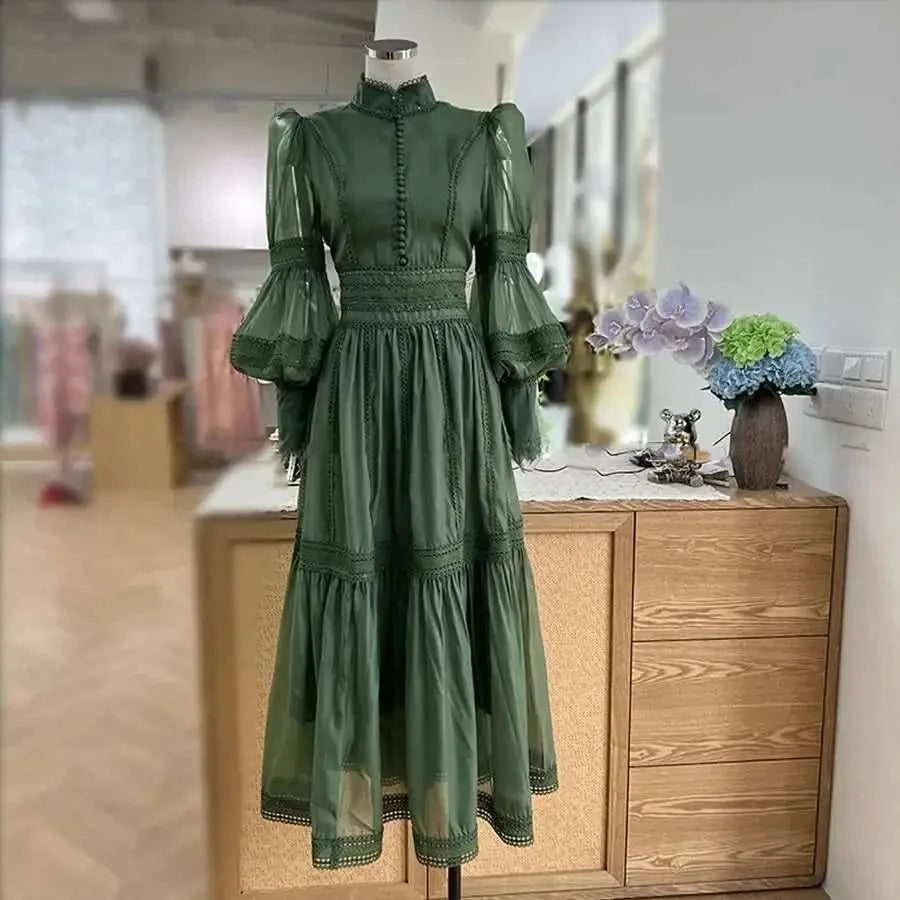 UCXQ Elegant Long Dress Fairy Style Stand Up Collar Lantern Sleeves Splicing Waist Fashion Dresses Women 2025 Spring Autumn 1351 - M & M Global