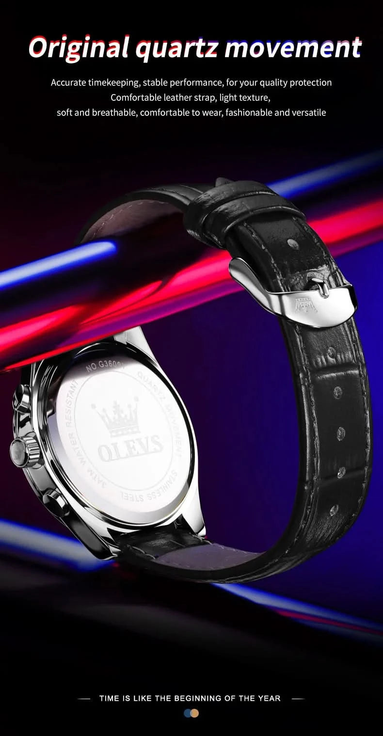 OLEVS Original Watch Leather Strap Moon Phase Luminous Quartz Watches for Man Waterproof Calendar Business Trend Wristwatch - M & M Global