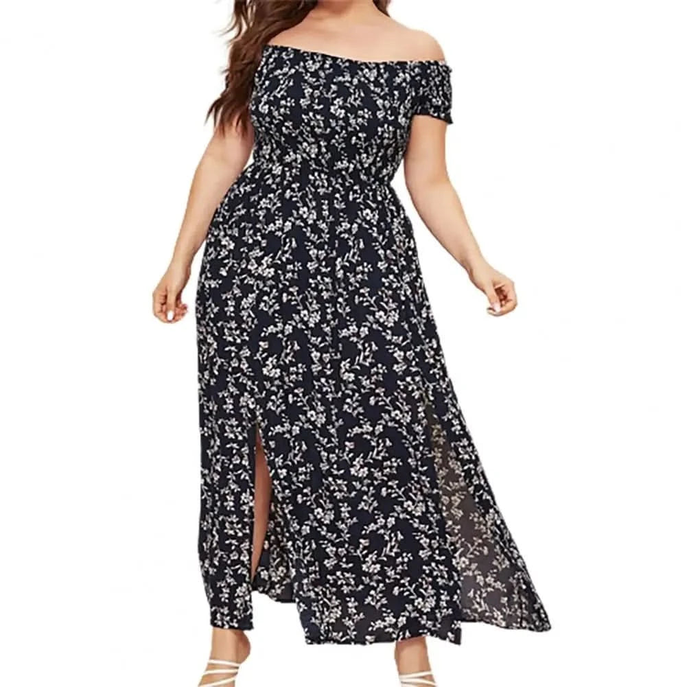 Plus Size Maxi Dress Elastic Chest Wrapped Fine Sewing Long Dress Bohemia Style Off Shoulder Long Dress - M & M Global