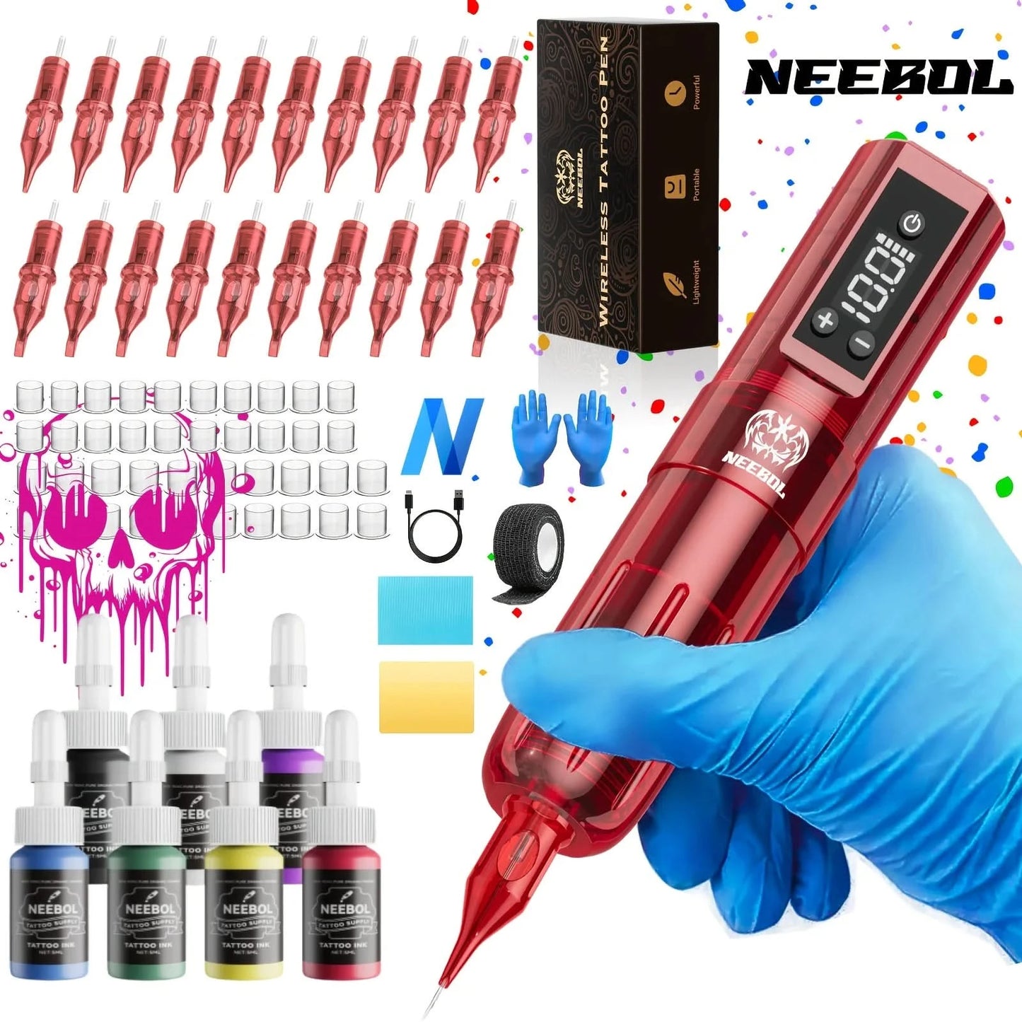 Wireless Tattoo Machine Kit Complete, Cordless Tattoo Gun, 1600mAH Battery, Large Battery, Tattoo Pen Set, 20 Needle supply - M & M Global