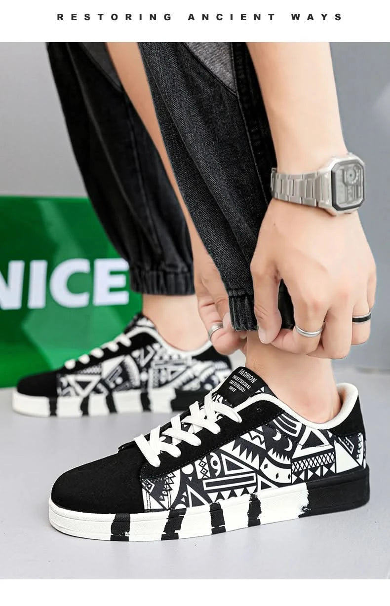 YRZL Men's Sports Running Shoes Canvas Geometric Style Lace-Up Sneakers Couples' Fashionable Graffiti Print Skate Shoes Men - M & M Global
