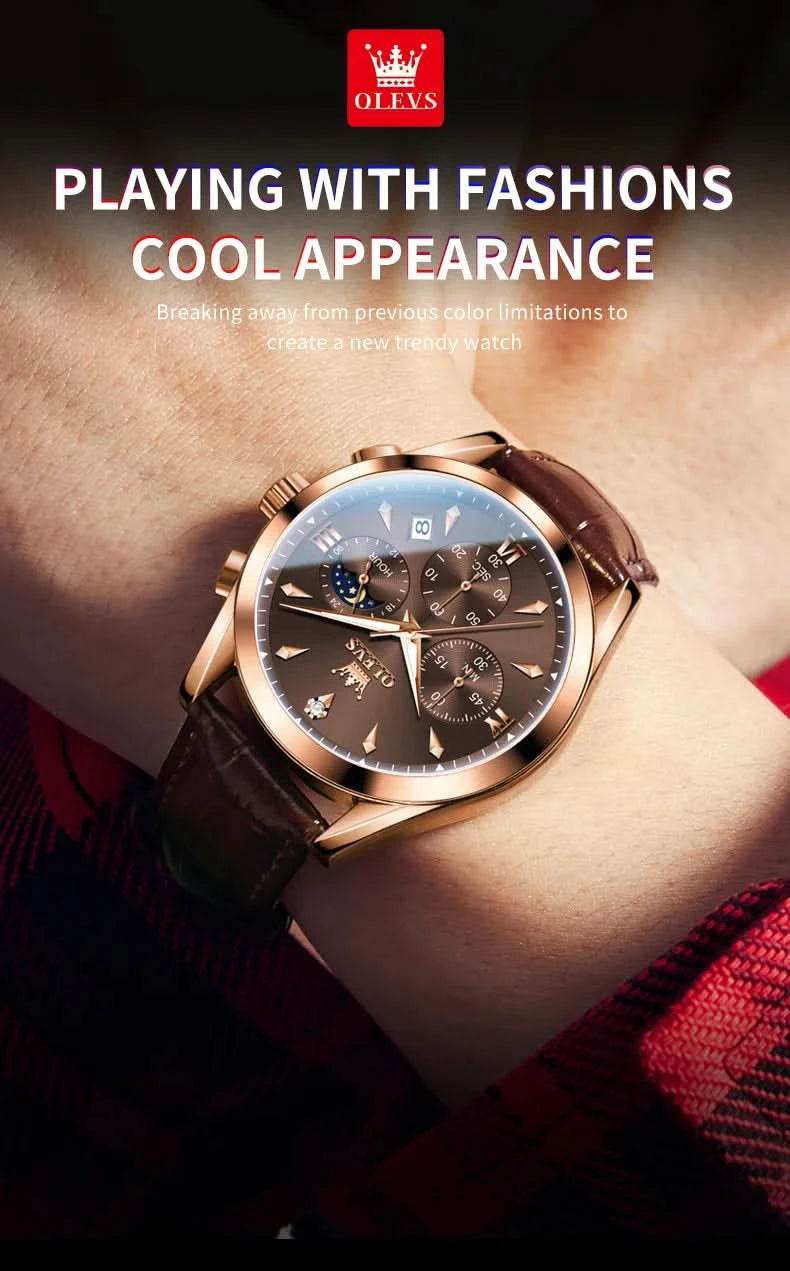 OLEVS Original Watch Leather Strap Moon Phase Luminous Quartz Watches for Man Waterproof Calendar Business Trend Wristwatch - M & M Global
