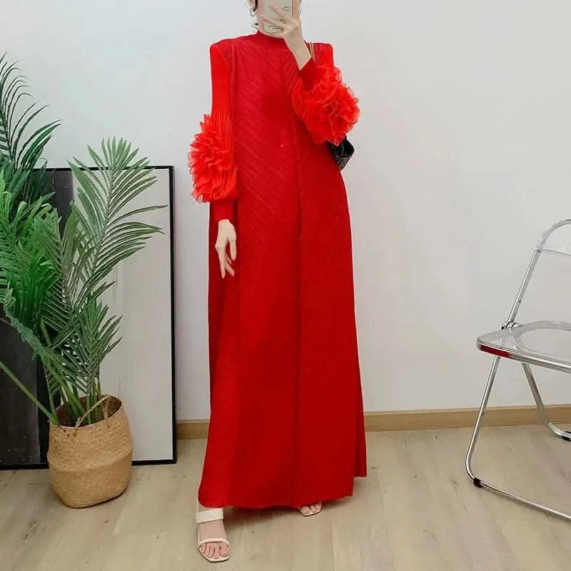 ANLAN Miyake Pleated Maxi Long Dress Mesh Petal Sleeve Half Turtleneck Formal Dresses for Women 2024 New Hot Sales 6KK9927 - M & M Global