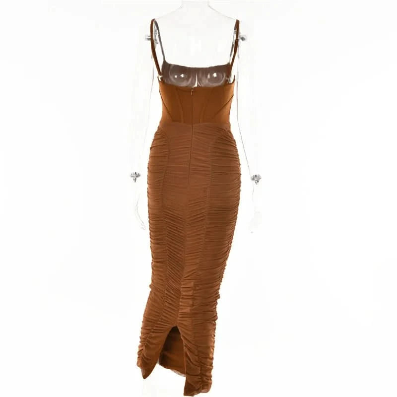 Mozision Elegant Corset Ruched Maxi Dress Women Fashion Spaghetti Strap Sleeveless Backless Zipper Long Dress Vestido - M & M Global