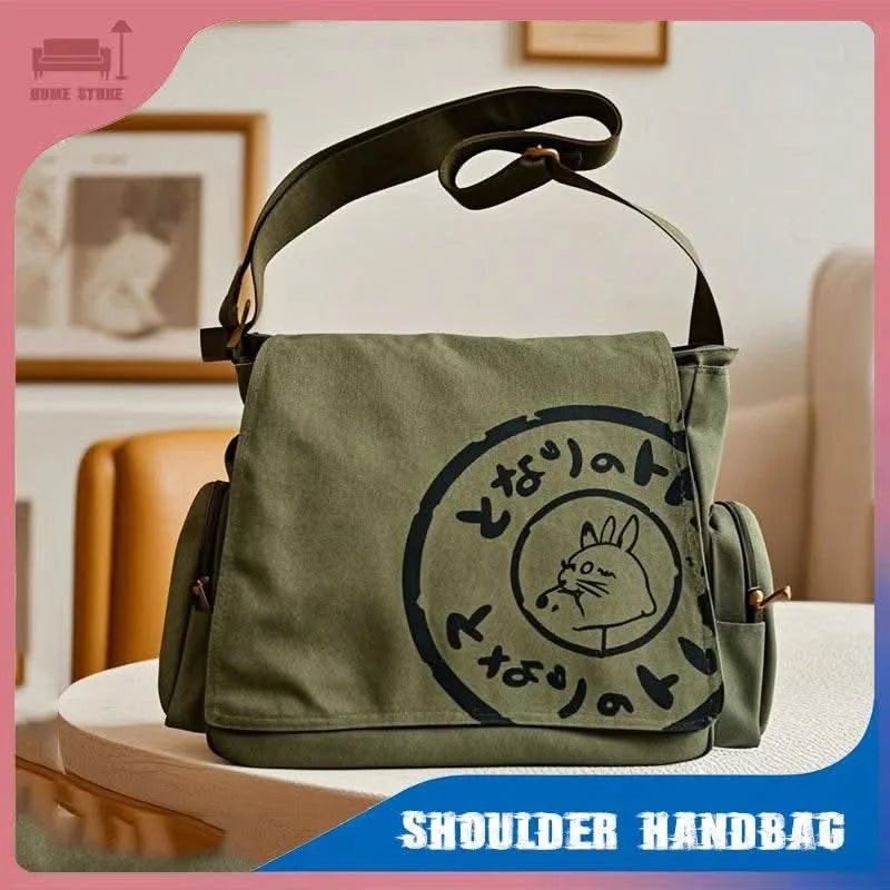 Canvas Messenger Handbag Large Capacity Washed Women Oblique Straddle Canvas Bag Simple Vintage Cartoon Leisure Shoulder Handbag - M & M Global