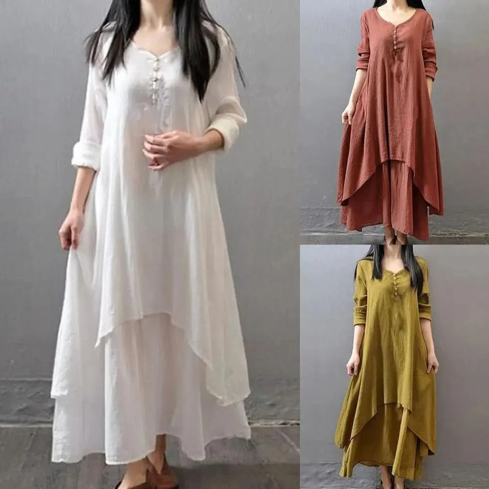 Women Elegant Linen White Dresses Bohemia Layering Vintage Robe Long Sleeve Loose Long Dress Female Autumn Vestidos - M & M Global