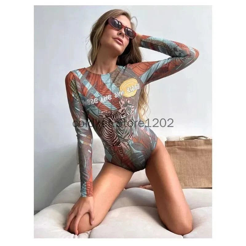 2025 Fashion Sexy Swimsuit 3d Digital Printing Women's Swimsuit Bikini Suit Long Sleeve Sun Protection Surfing Swimsuit Bathing - M & M Global