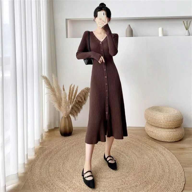 Lucyever Elegant Knitted Long Dress for Women Korean Chic Buttons Slim Fit Midi Dresses Female Streetwear V Neck Party Vestidos - M & M Global