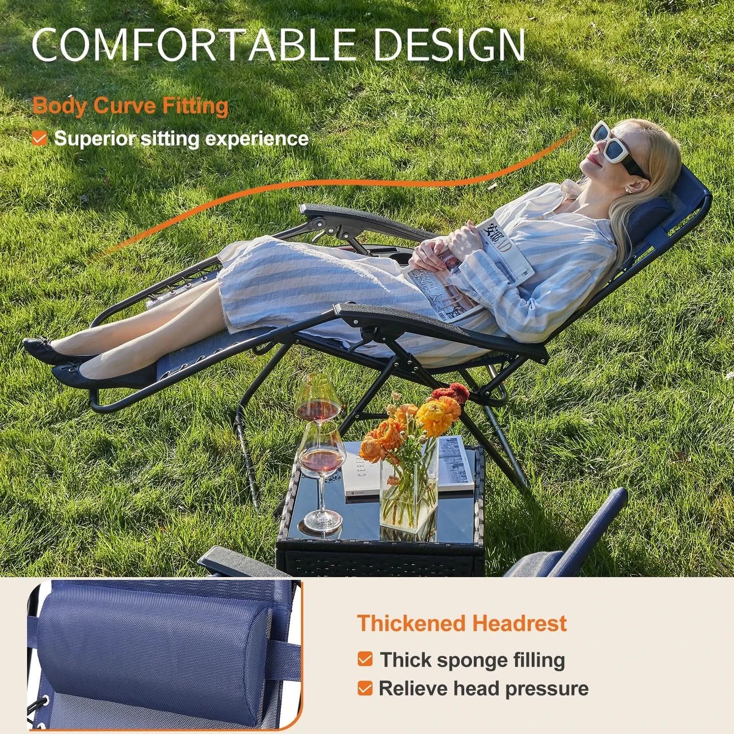 JHK Zero Gravity Set of 2 Portable Recliner Camping Patio Outdoor Garden Lounge Chair with Cup Holder Trays Adjustable Pillow