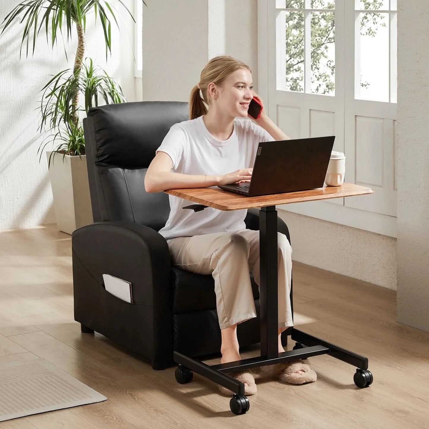 JHK Portable Computer Desk Laptop Height Adjustable Table Mobile Sitting Workstation Lockable Wheels Suitable For Work Learning