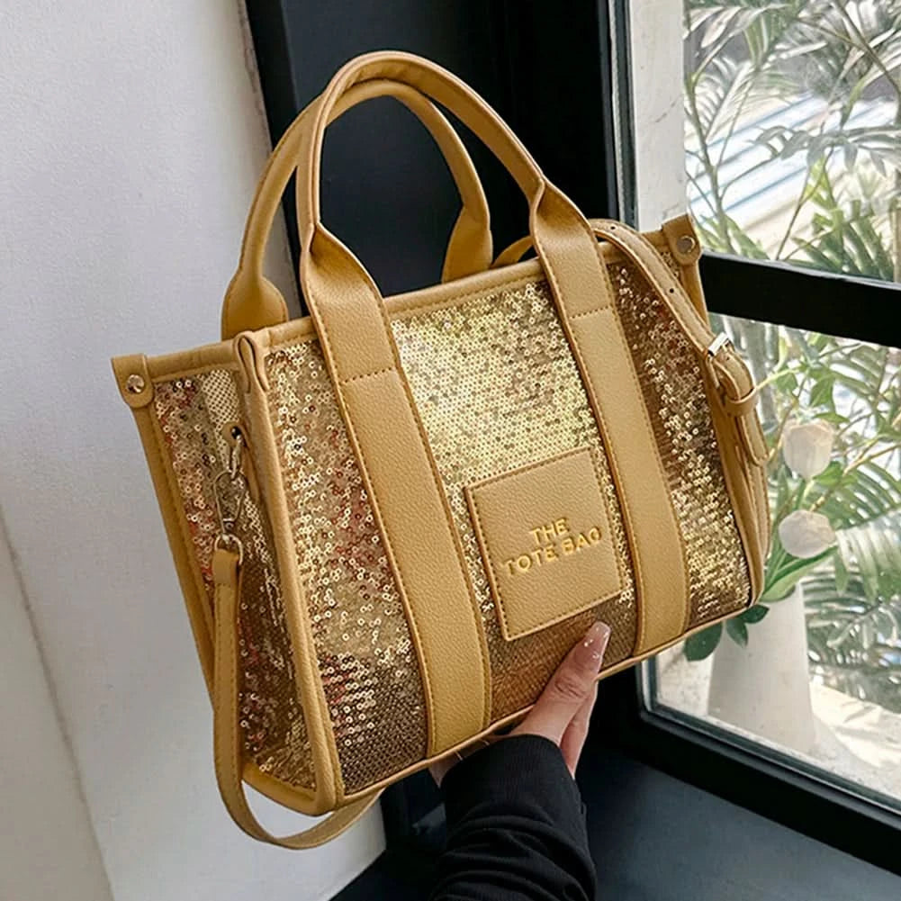 New The Tote Bag Letter Printed Sequins Top-Handle Bag Women Leather Handbag Luxury Designer Glitter Shoulder Crossbody Bag - M & M Global