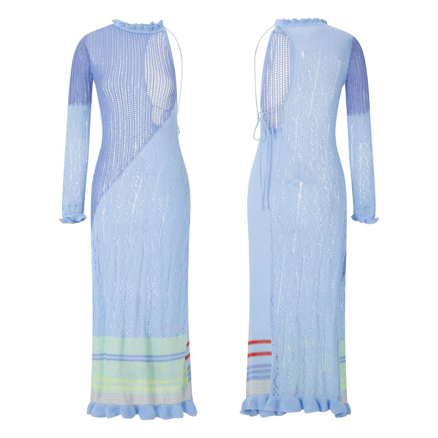 Women Sexy Y2k One Shoulder Long Sleeve Crochet Knit Long Dress Summer Beach See Through Party Grunge Club Cover Up Outfits - M & M Global
