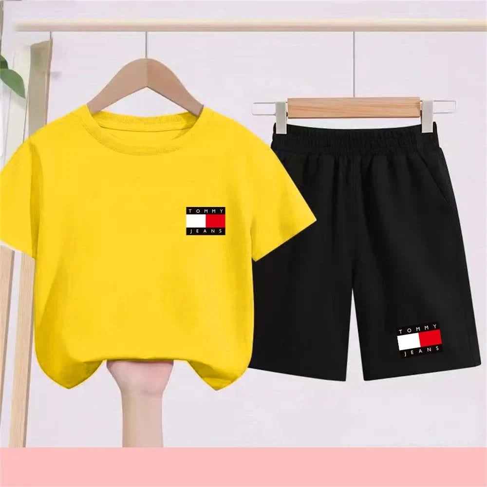 Kids Short sleeve Fashion T-shirt Boys Girls Toddler 3-12Yrs Tops and bottom Sunshine Casual Set outdoor sport black Clothes - M & M Global