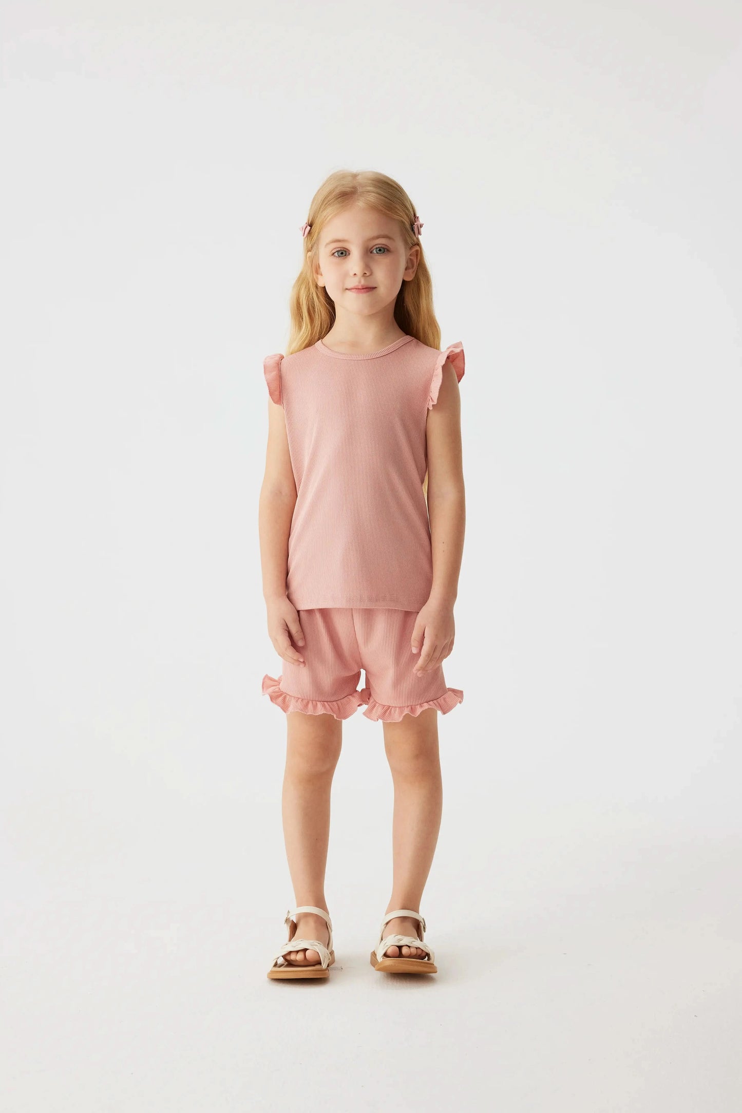 2024 Summer Hot selling Little Girl Daily Casual Clothing Minimalist Little Girl Polyester Set Cool Sleeveless Shorts Set Girl - M & M Global