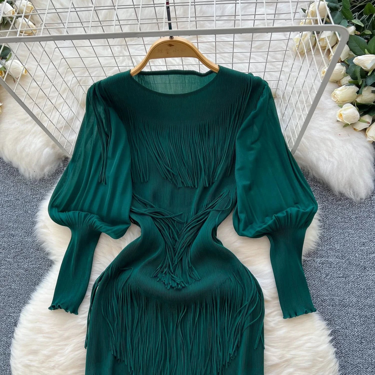 Vintage O-Neck Elegant Long Lantern Sleeve Chic Tassel Slim Long Dress French Fashion Evening High Street Autumn Winter Clothing - M & M Global