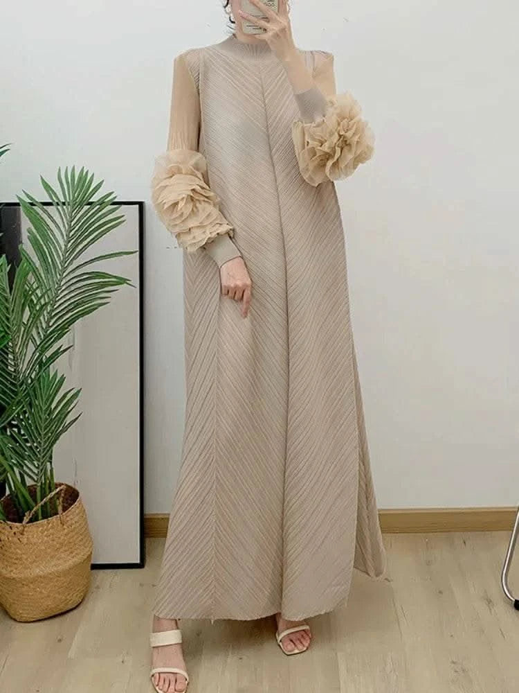ANLAN Miyake Pleated Maxi Long Dress Mesh Petal Sleeve Half Turtleneck Formal Dresses for Women 2024 New Hot Sales 6KK9927 - M & M Global