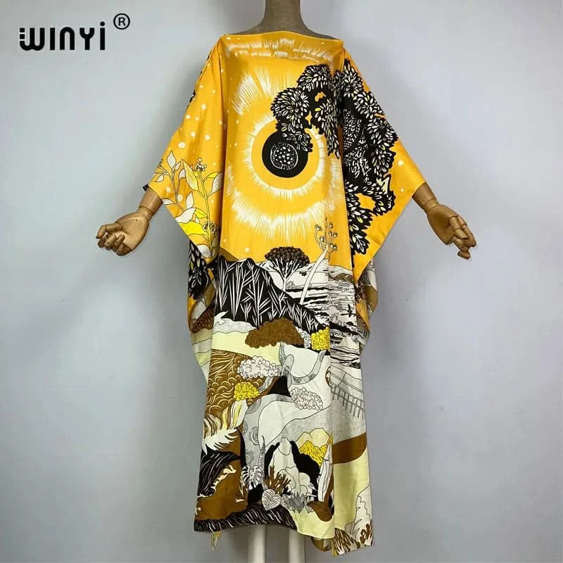 WINYI 2023 new Africa Fashion boho Popular printed twill Kaftan Maxi dress Summer Beach Bohemian Caftan long dress for lady - M & M Global