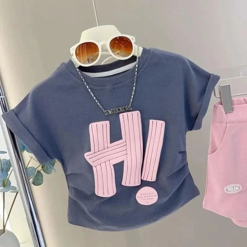 Girls Clothes Sets 2024 Summer Children Short-sleeved Suit Teenage Girls Letter T-shirt Shorts Tracksuit Outfit Clothing Set - M & M Global