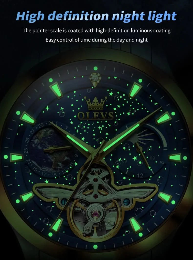 OLEVS Luxury Brand Men's Watches Luminous Waterproof Fully Automatic Mechanical Watch Starry Sky Dial Moon Phase Hollow Out - M & M Global