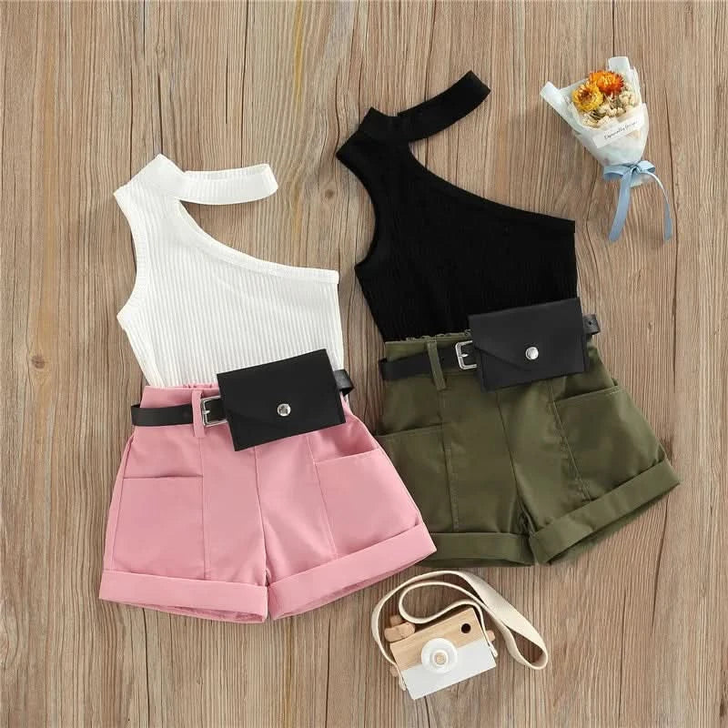 1-5 Years Infant Girl Casual Set Tanks Tops + Shorts + Waist Bag Pockets Decoration Casual Style Girls Summer Clothing Set - M & M Global
