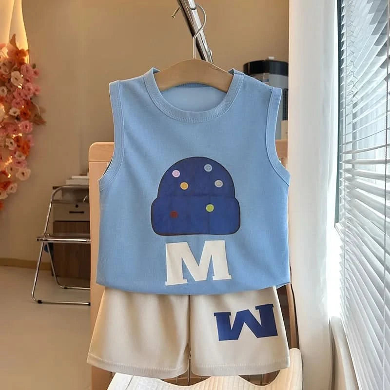 Kids Sleeveless Tracksuits Cute TShirt +Shorts Summer Clothing Short-sleeved Outfits Thin Loose Tees Shorts Baby 2 Piece Set - M & M Global