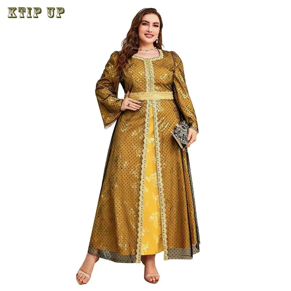 Ramadan Luxury Muslim Fashion Bat Sleeve Moroccan Turkiye Dubai Dress Middle East Arab Dress Sequins Golden Velvet Long Dress - M & M Global