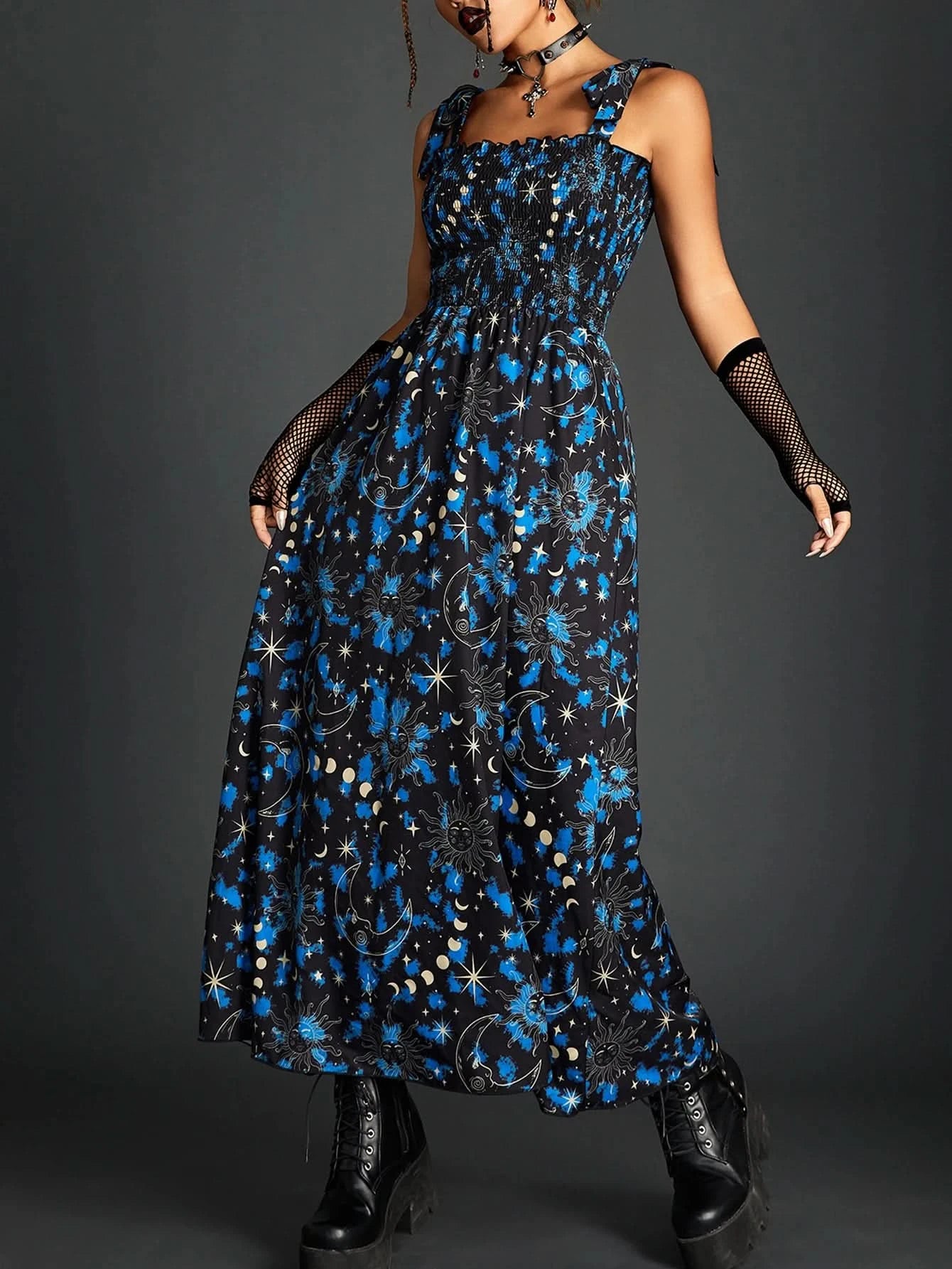 Goth Dark Fairy Grunge Y2k Aesthetic Skull Graphic Dresses Mall Gothic Shirring Lace Up Long Dress Punk A-line Slim Emo Clothing - M & M Global